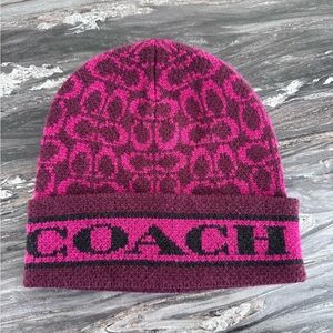 Coach Fuchsia and Maroon Logo Beanie